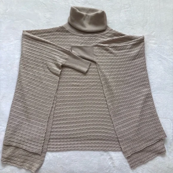 BOSTON PROPER Tan Cable Knit Turtleneck Poncho Sweater--EUC--XS/S - Picture 7 of 14